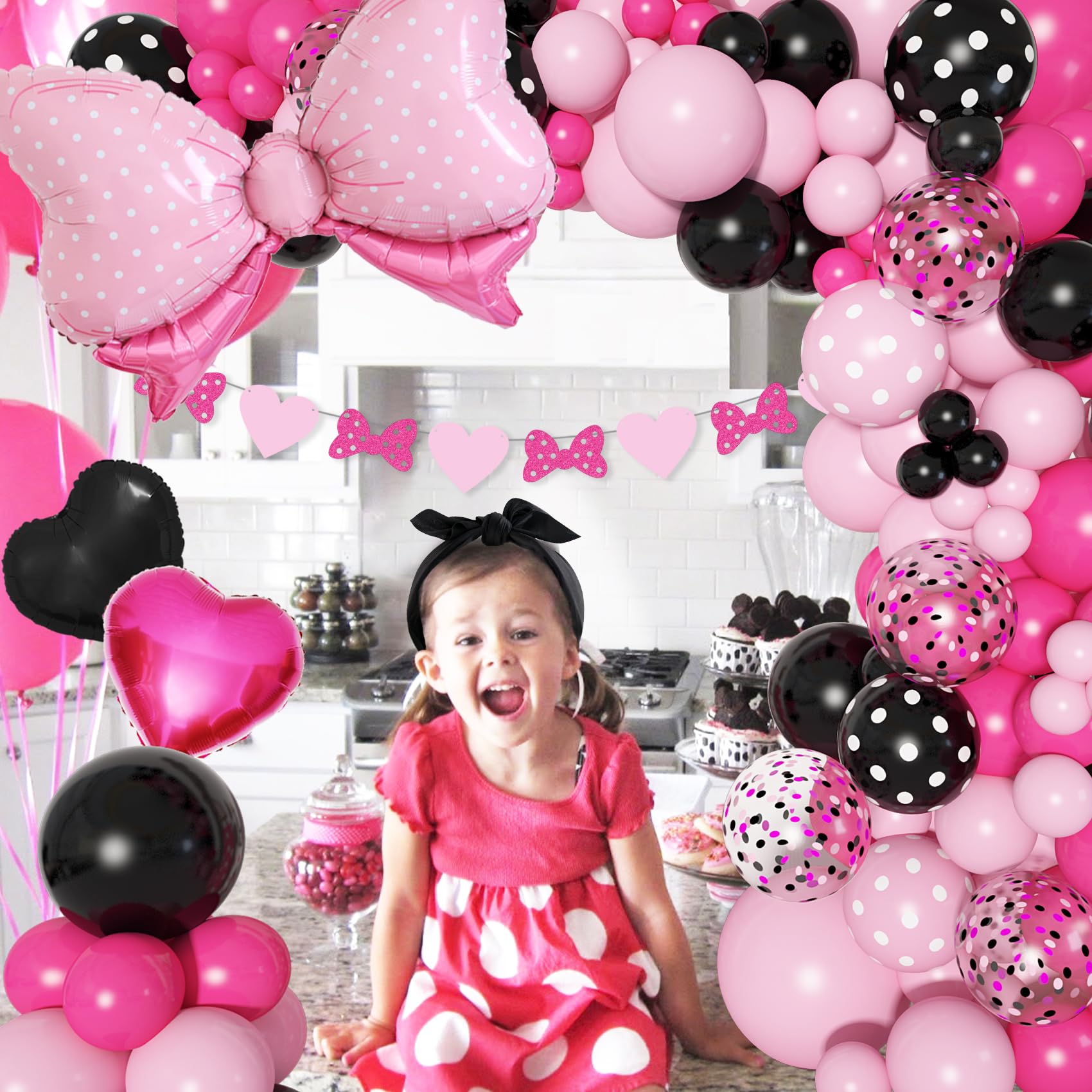 Ouddy Party Pink Mouse Balloon Garland Arch Kit for Cartoon Mouse Theme Birthday Party Decorations Girl Kids, Pink Black Rose Red Bow Foil Balloons Banners for Mouse Baby Shower Party Supplies