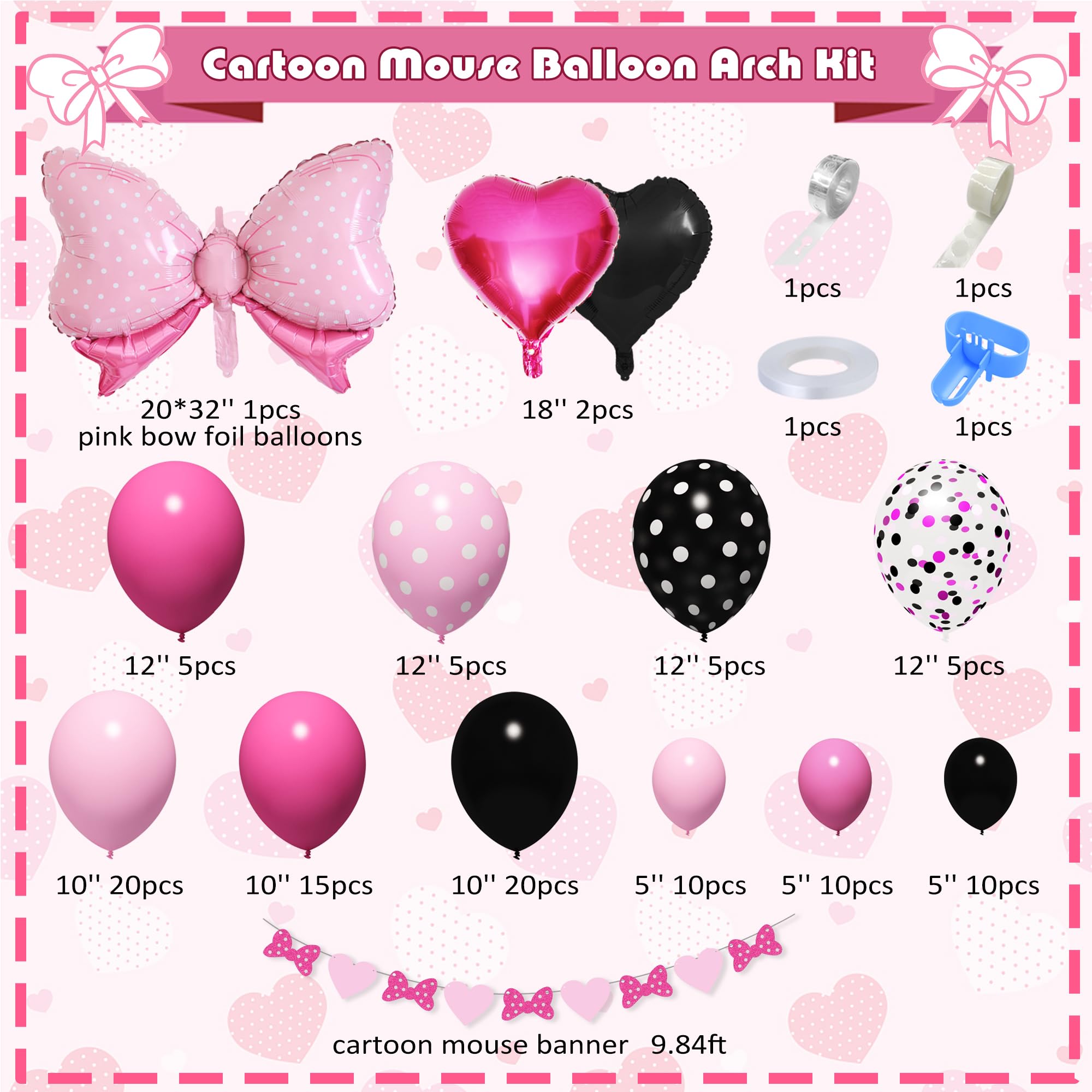 Ouddy Party Pink Mouse Balloon Garland Arch Kit for Cartoon Mouse Theme Birthday Party Decorations Girl Kids, Pink Black Rose Red Bow Foil Balloons Banners for Mouse Baby Shower Party Supplies