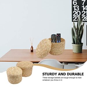 DOITOOL Food Decor 2pcs Straw Storage Basket Toy Basket Round Wheat Straw Hyacinth Storage Baskets