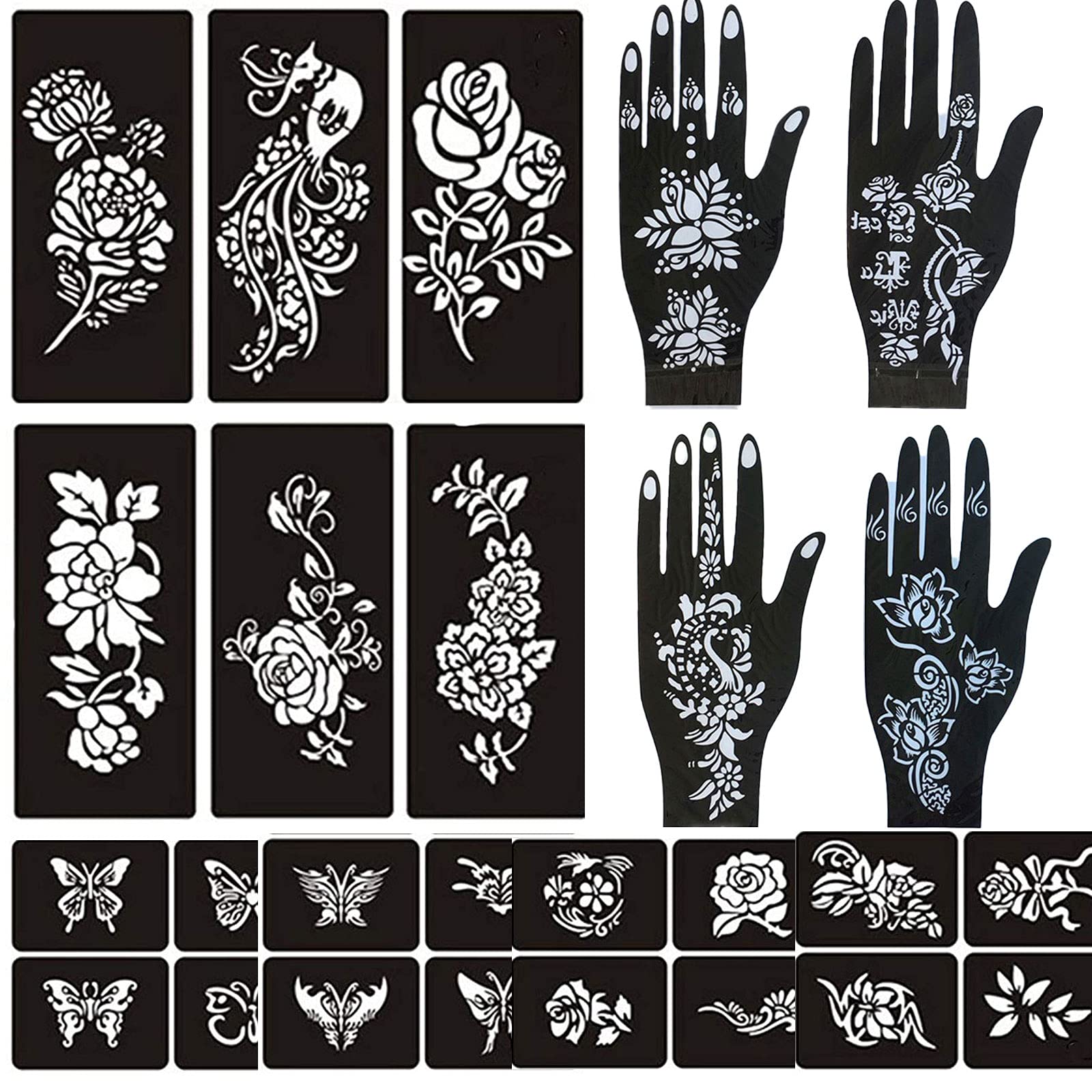 Henna Tattoo Stencils for Women,Black Henna Tattoo Templates Flowers Butterflies Reusable Large Size DIY Tattoo Kit,Body Art Stencils for Women and Teen Girls…