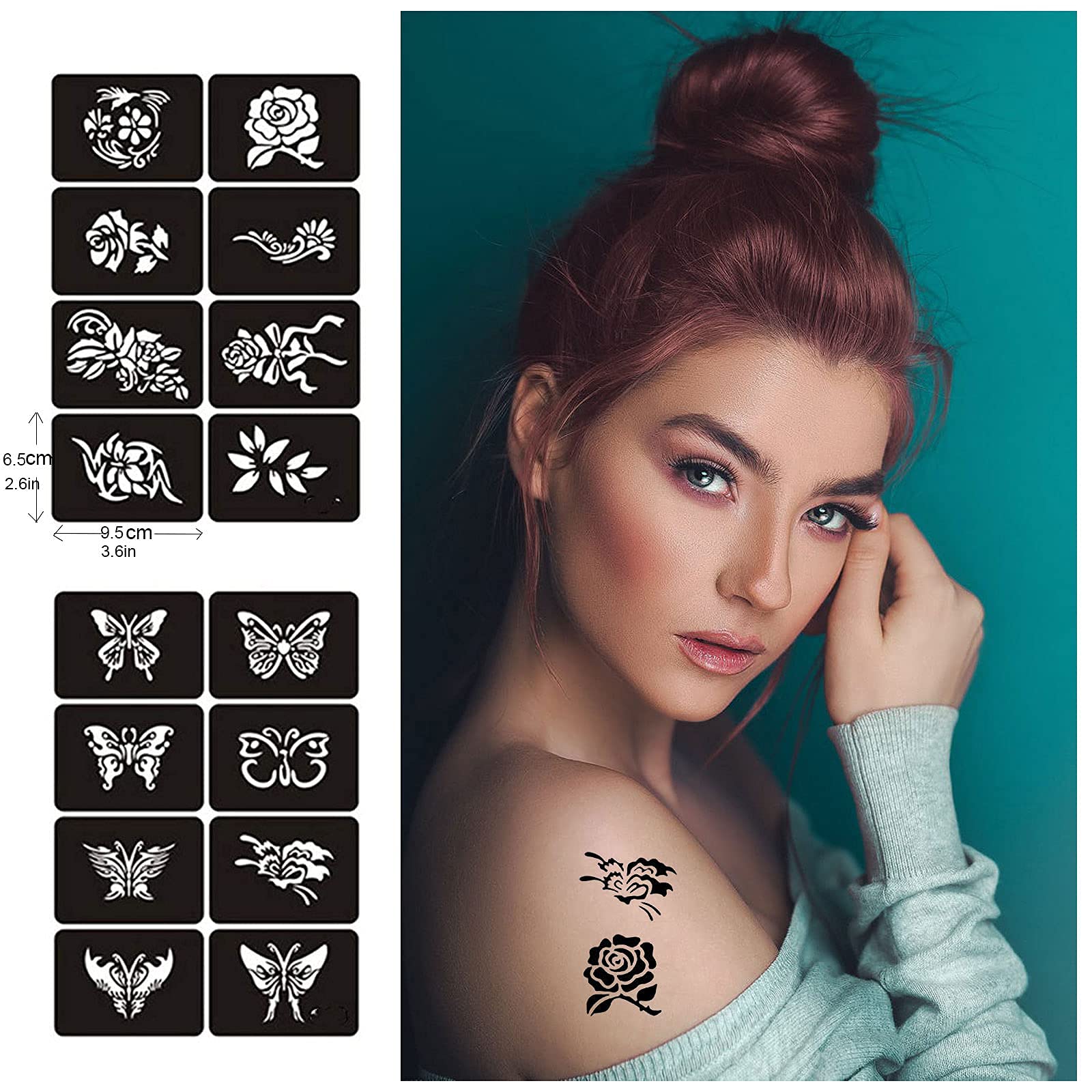 Henna Tattoo Stencils for Women,Black Henna Tattoo Templates Flowers Butterflies Reusable Large Size DIY Tattoo Kit,Body Art Stencils for Women and Teen Girls…