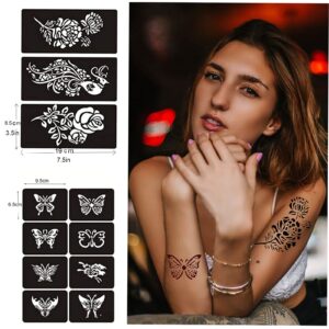 Henna Tattoo Stencils for Women,Black Henna Tattoo Templates Flowers Butterflies Reusable Large Size DIY Tattoo Kit,Body Art Stencils for Women and Teen Girls…