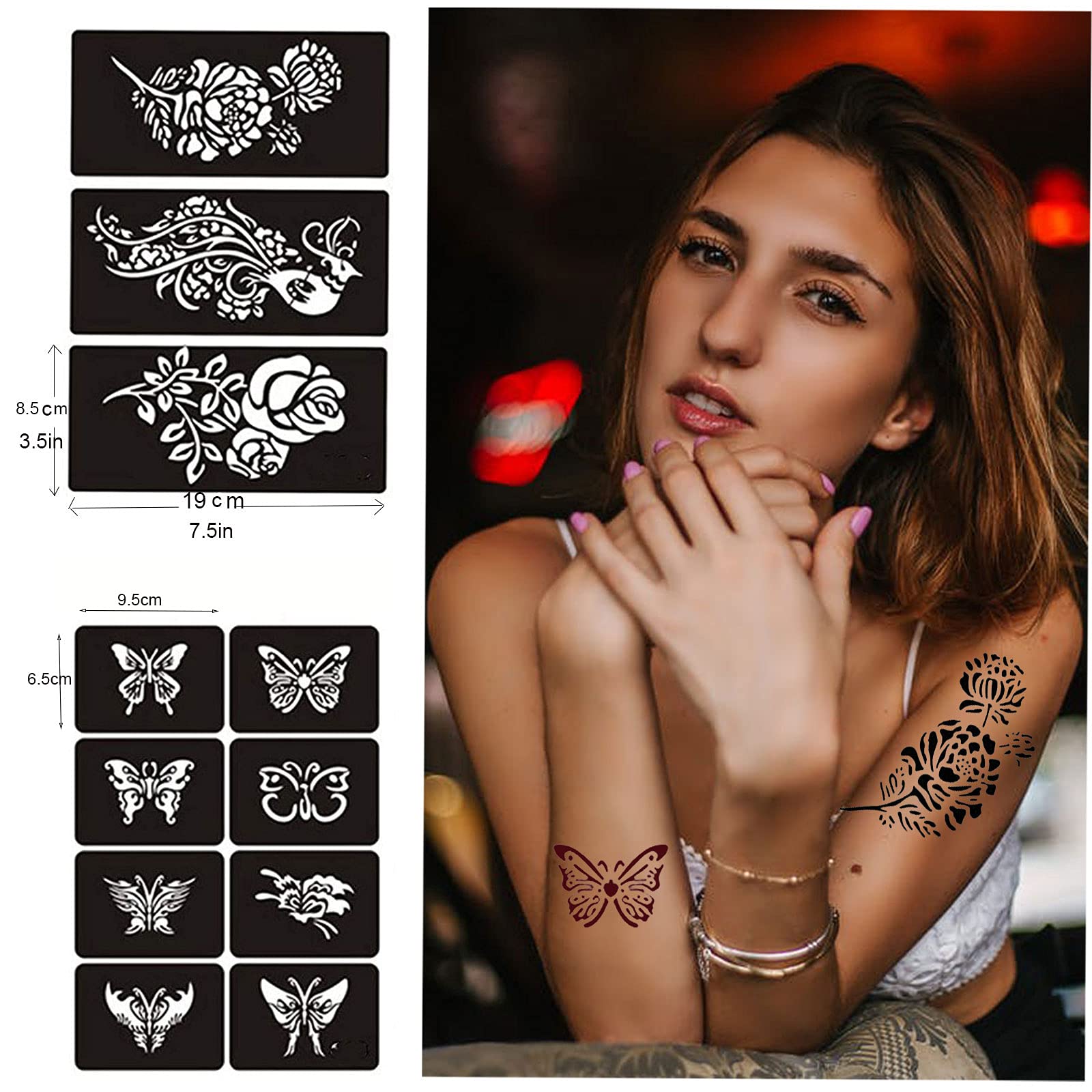 Henna Tattoo Stencils for Women,Black Henna Tattoo Templates Flowers Butterflies Reusable Large Size DIY Tattoo Kit,Body Art Stencils for Women and Teen Girls…