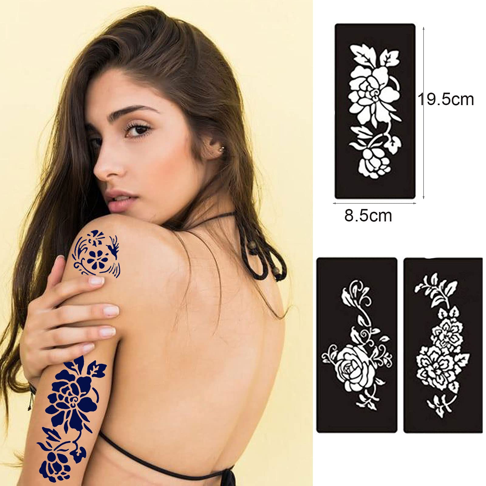 Henna Tattoo Stencils for Women,Black Henna Tattoo Templates Flowers Butterflies Reusable Large Size DIY Tattoo Kit,Body Art Stencils for Women and Teen Girls…