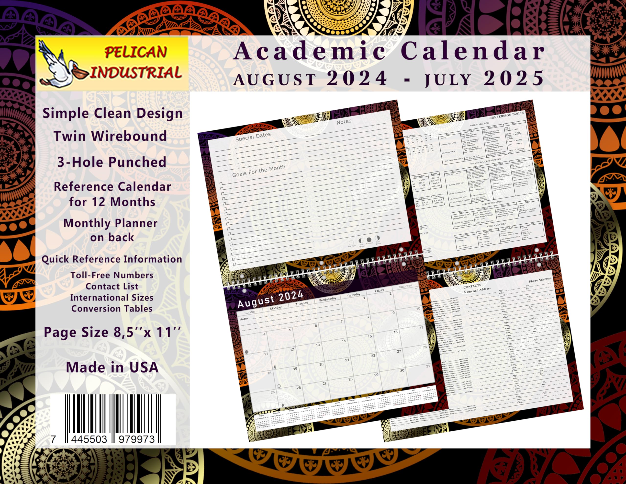 2024-2025 Academic Year 12 Months Student Calendar/Planner for Wall & Desk & 3-Ring Binder, for School, Teacher, Student (Fractal Edition #015)