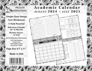 2024-2025 academic year 12 months student calendar/planner for wall & desk & 3-ring binder, for school, teacher, student (black&white paisley edition #010)