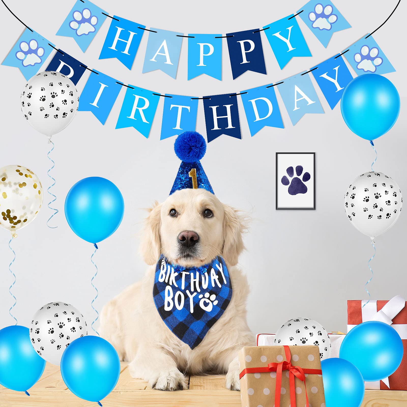 18 Pieces Dog Birthday Party Supplies, Pet Birthday Boy Bandana Dog Birthday Bandana Balloon Banner Pet Birthday Hat with 0-8 Figures Touch Ink Pad and Imprint Cards Dog Birthday Party Decorations