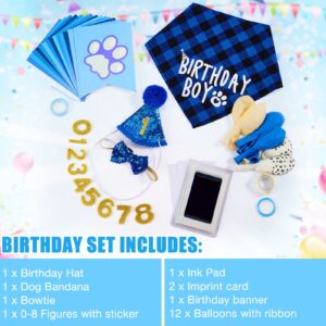 18 Pieces Dog Birthday Party Supplies, Pet Birthday Boy Bandana Dog Birthday Bandana Balloon Banner Pet Birthday Hat with 0-8 Figures Touch Ink Pad and Imprint Cards Dog Birthday Party Decorations