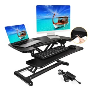 aveyas [electric] motorized standing desk converter, 32'' speed plus version height adjustable ergonomic sit to stand up riser, dual monitor lift computer workstation with wide keyboard tray