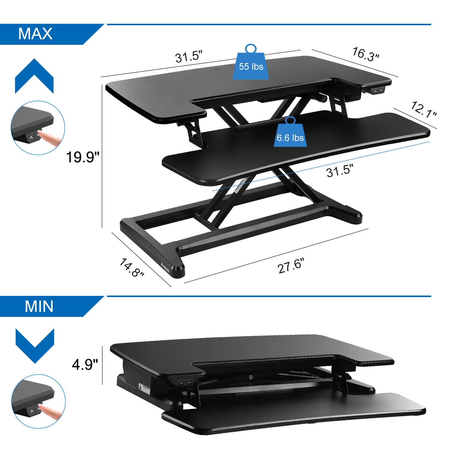 Aveyas [Electric] Motorized Standing Desk Converter, 32'' Speed Plus Version Height Adjustable Ergonomic Sit to Stand Up Riser, Dual Monitor Lift Computer Workstation with Wide Keyboard Tray