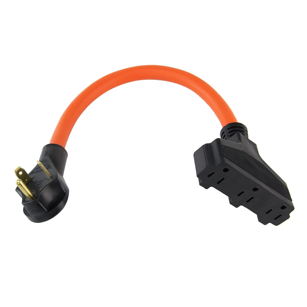 PLIS TT-30P to (3) 5-15R Generator Adapter Plug,5-15R Tri Outlet Adapter Cord,STW 10AWG*3C Generator Cable,30Amp,125V,3Prong,Orange,1.5FT
