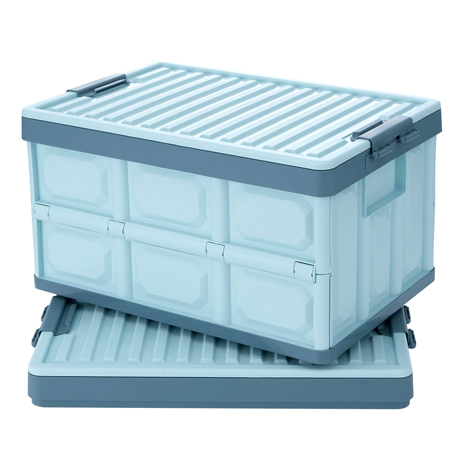 JUJIAJIA Blue Folding Plastic Stackable Utility Crates 2-Pack, Collapsible Storage Bins with Lids 30L, Durable Containers for Home & Garage Organization
