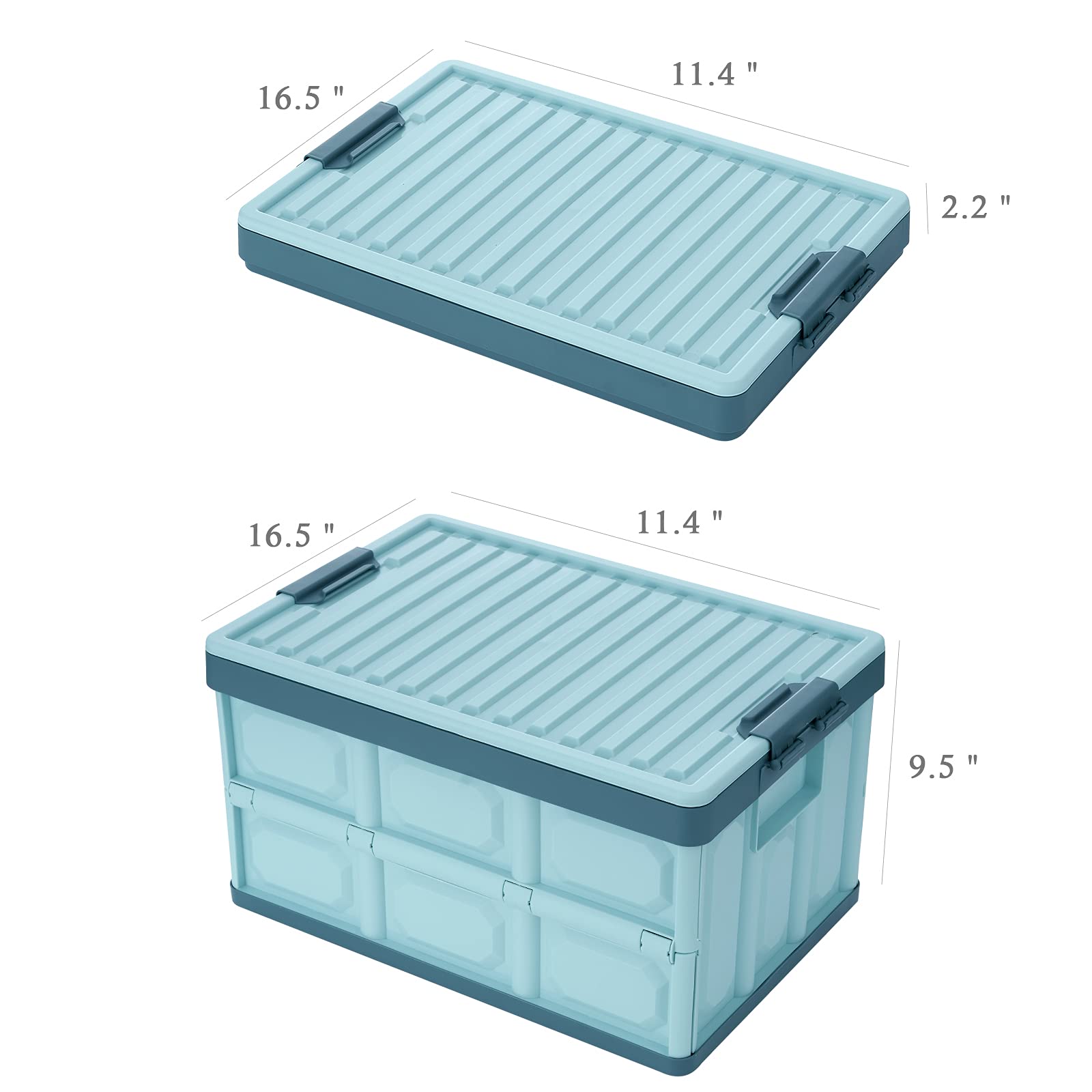 JUJIAJIA Blue Folding Plastic Stackable Utility Crates 2-Pack, Collapsible Storage Bins with Lids 30L, Durable Containers for Home & Garage Organization