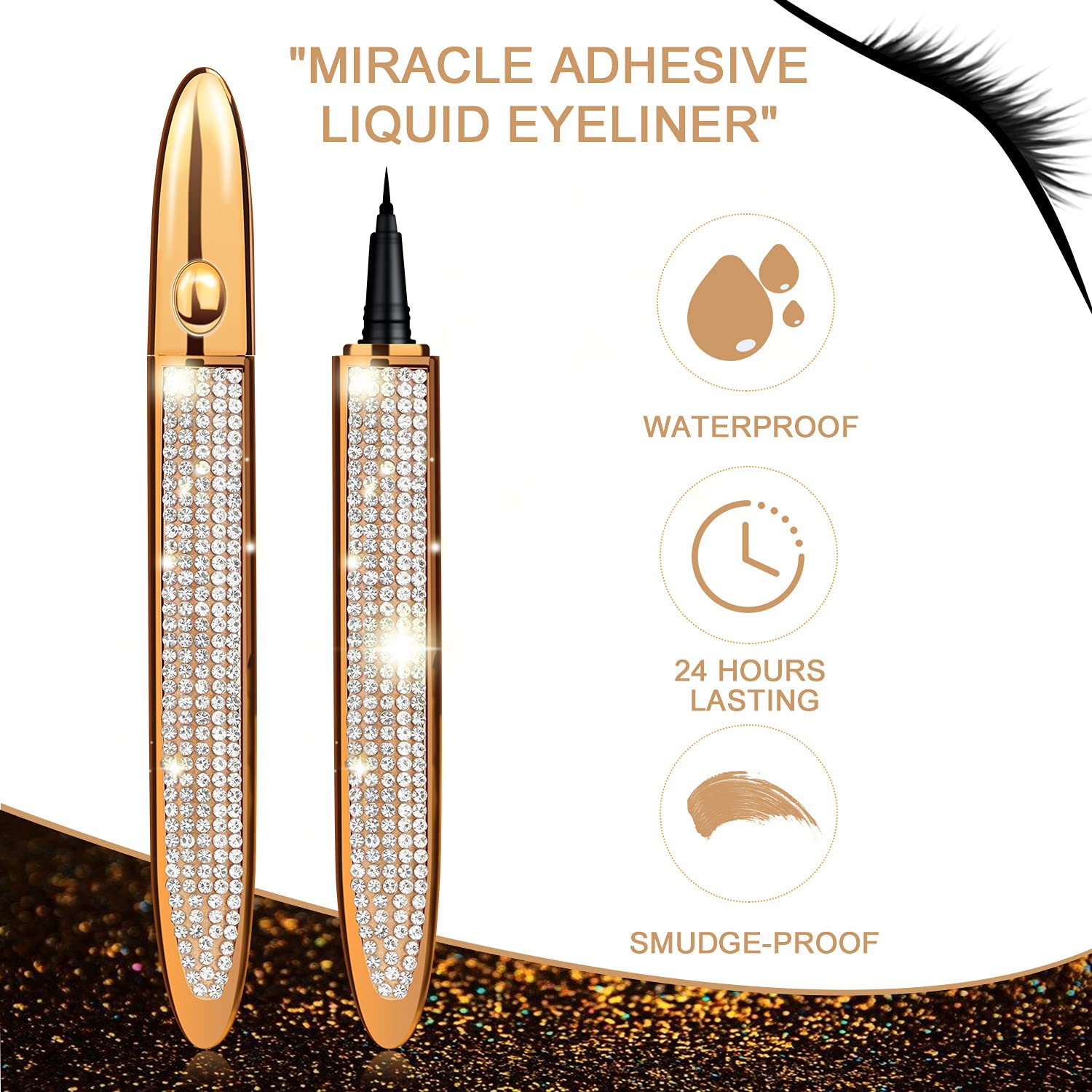 ICORIC Liquid Eyeliner Pen Waterproof, Magic Self-adhesive Long-Lasting Eyelash Glue Pen, Non Magnetic, No Blooming Quick Drying Magnetic Eye Liner (Gold Black 1Pcs)