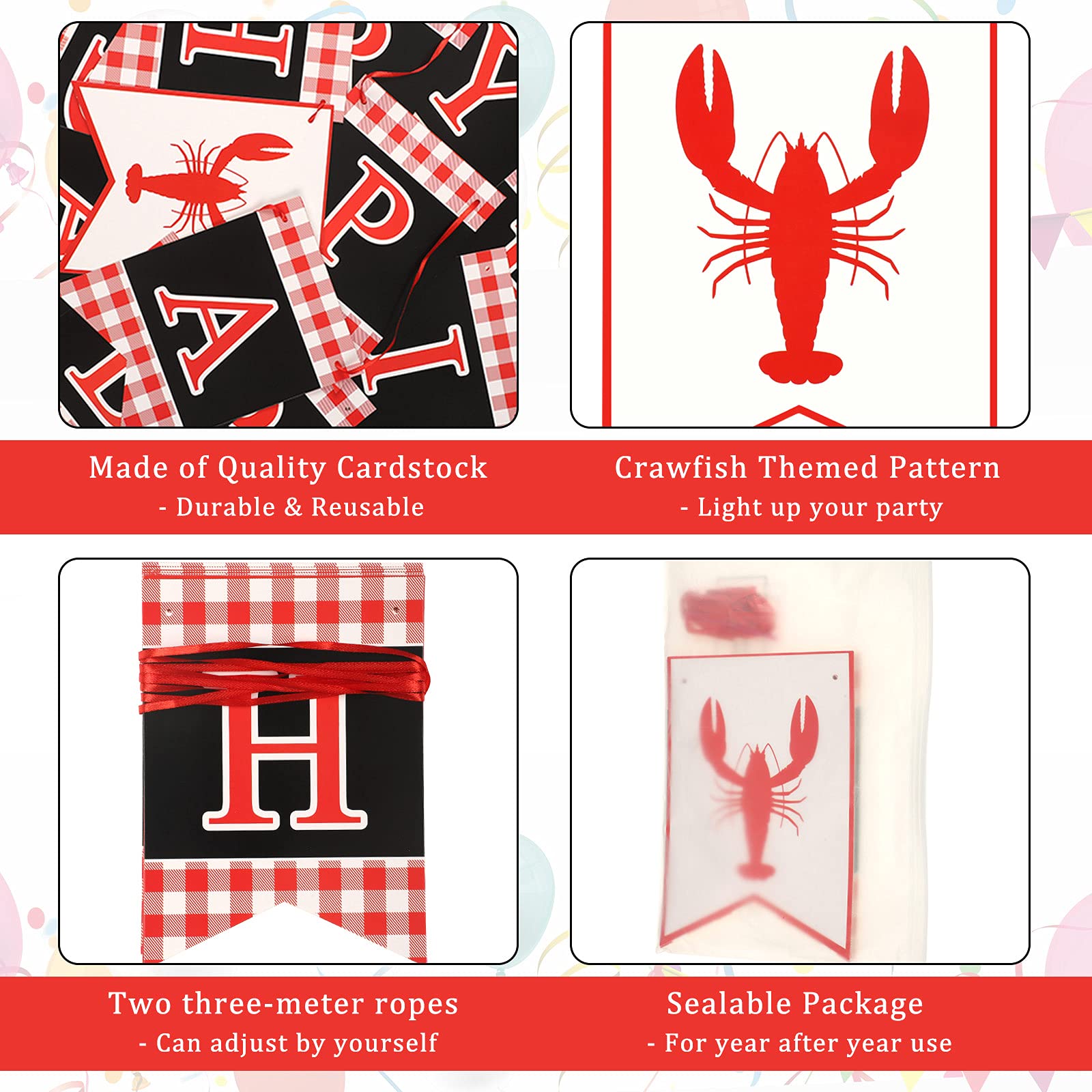2 Pcs Crawfish Theme Happy Birthday Party Banner Red White Black Birthday Party Supplies for Kids and Adults Birthday Party Decorations Crawfish Party Supplies Decoration