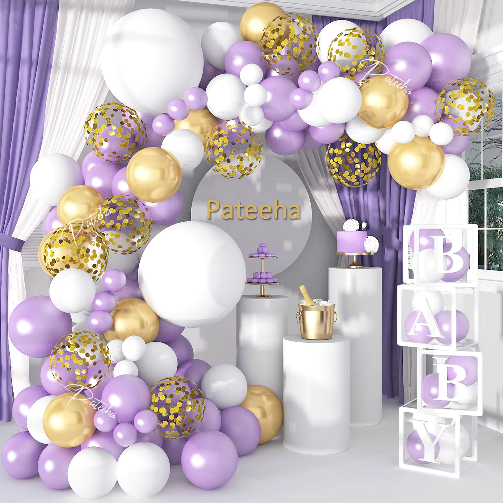 Pateeha Purple Balloon Garland Arch Kit 130 Pcs Pearl Purple Party Decorations White Lavender Gold Confetti Balloon Arch for Birthday Wedding Baby Shower Decorations