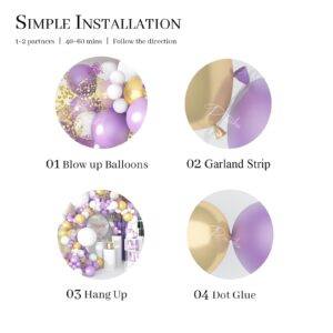 Pateeha Purple Balloon Garland Arch Kit 130 Pcs Pearl Purple Party Decorations White Lavender Gold Confetti Balloon Arch for Birthday Wedding Baby Shower Decorations