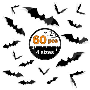 kidtion 3d bats halloween decorations 60 pcs, upgraded halloween decor with 4 different sizes, removable pvc bats decor with easy operation, realistic halloween bats for outdoor decor & indoor décor