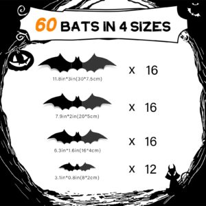 Kidtion 3D Bats Halloween Decorations 60 PCS, Upgraded Halloween Decor with 4 Different Sizes, Removable PVC Bats Decor with Easy Operation, Realistic Halloween Bats for Outdoor Decor & Indoor Décor