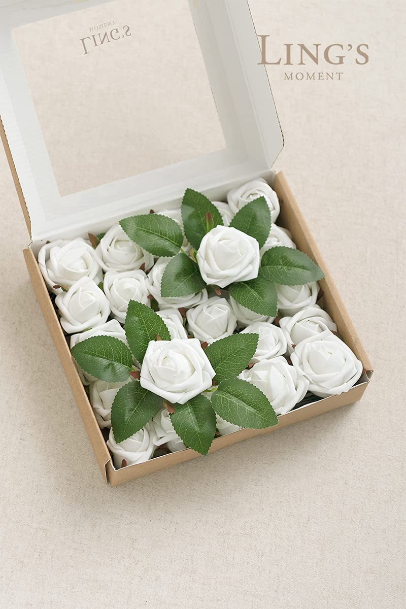 Ling's Moment 1.5/2 inch Artificial Rose White Buds and Petite Roses w/Stem Pack of 24 for DIY Wedding Boutonniere Corsages Bouquets Centerpieces Decorations