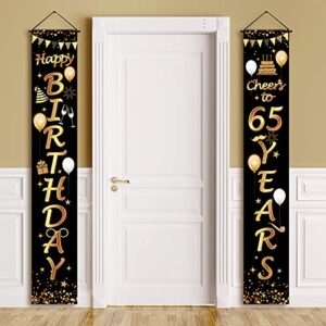 2 pieces 65th birthday party decorations black and gold cheers to 65 years banner porch sign door hanging banner for men and woman welcome porch sign for 65 years birthday supplies, 71 x 12 inches
