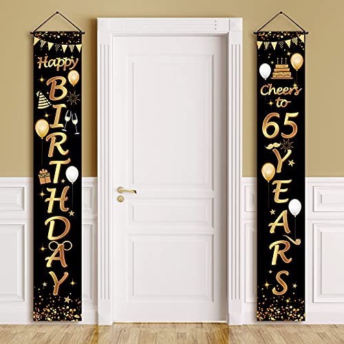 2 Pieces 65th Birthday Party Decorations Black and Gold Cheers to 65 Years Banner Porch Sign Door Hanging Banner for Men and Woman Welcome Porch Sign for 65 Years Birthday Supplies, 71 x 12 Inches