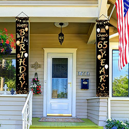 2 Pieces 65th Birthday Party Decorations Black and Gold Cheers to 65 Years Banner Porch Sign Door Hanging Banner for Men and Woman Welcome Porch Sign for 65 Years Birthday Supplies, 71 x 12 Inches