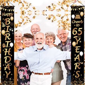 2 Pieces 65th Birthday Party Decorations Black and Gold Cheers to 65 Years Banner Porch Sign Door Hanging Banner for Men and Woman Welcome Porch Sign for 65 Years Birthday Supplies, 71 x 12 Inches