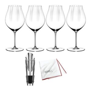 riedel performance pinot noir wine glass (2-pack) bundle with large microfiber polishing cloth and wine pourer (4 items)