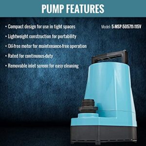 Little Giant 5-MSP 115-Volt, 1/6 HP, 1500 GPH, Aluminum Manual Hydroponics Pump, 10-Ft. Cord, Blue, 505711