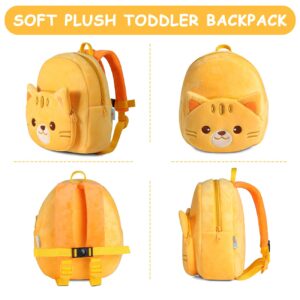 VASCHY Toddler Backpack, Baby Boys and Girls Cute Plush Animal Small Daycare Backpack for Baby Little Kids Yellow Cat