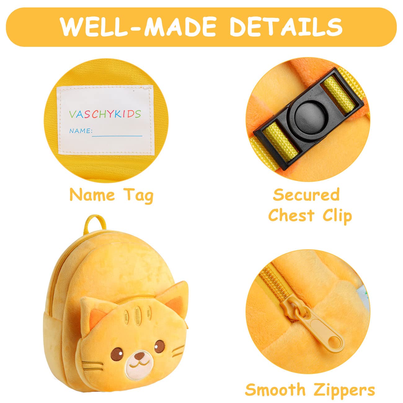 VASCHY Toddler Backpack, Baby Boys and Girls Cute Plush Animal Small Daycare Backpack for Baby Little Kids Yellow Cat