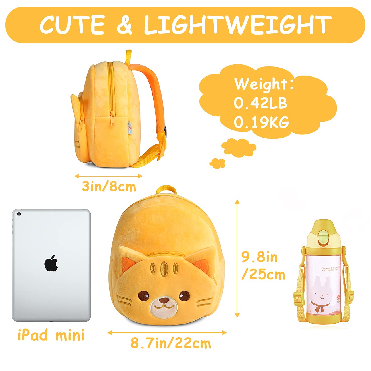 VASCHY Toddler Backpack, Baby Boys and Girls Cute Plush Animal Small Daycare Backpack for Baby Little Kids Yellow Cat