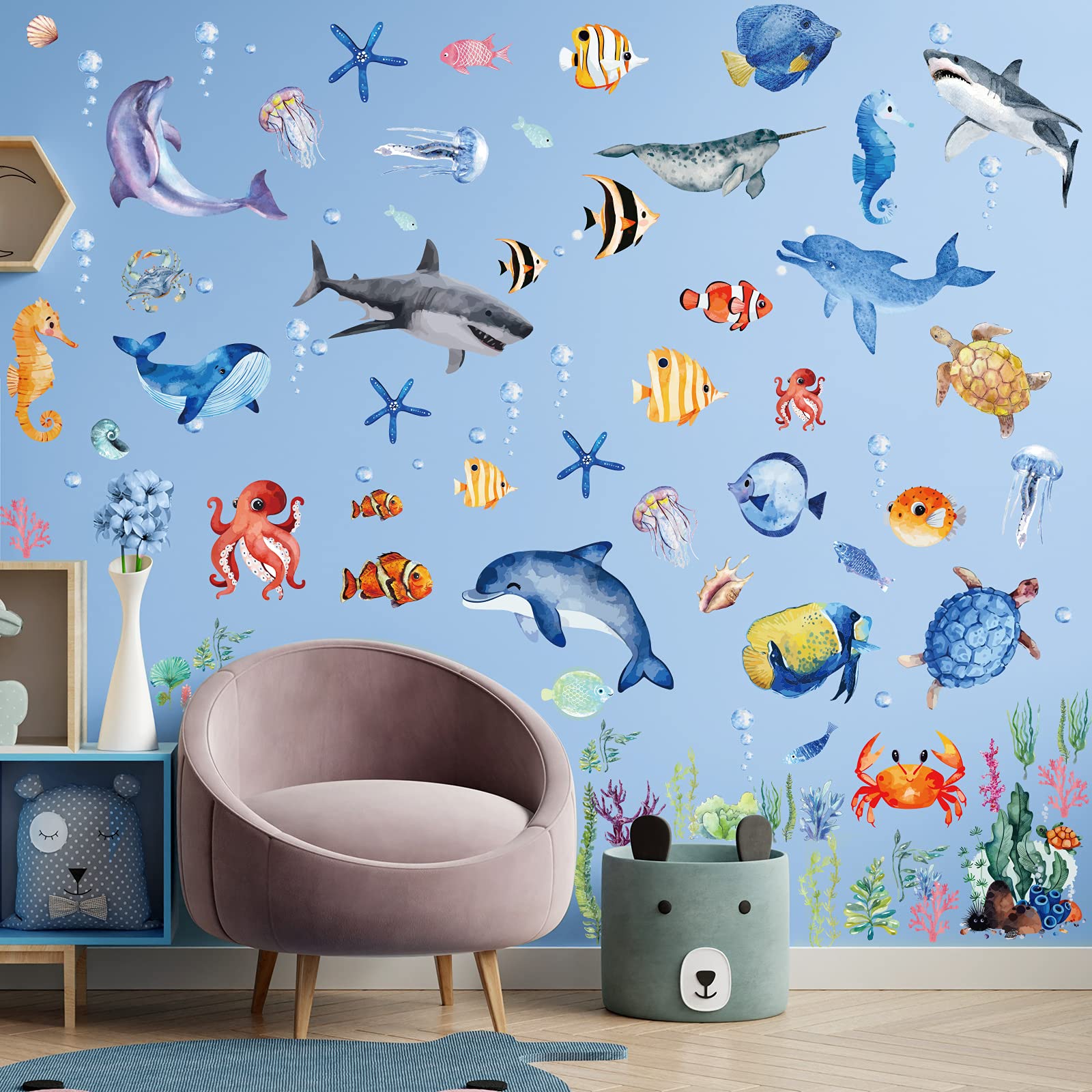 149 Pieces Ocean Animals Wall Decals Jellyfish Wall Stickers Removable Fish Under The Sea View Animals Peel and Sticks Wall Art Decor for Kids Baby Bedroom Living Room Nursery Classroom Decoration