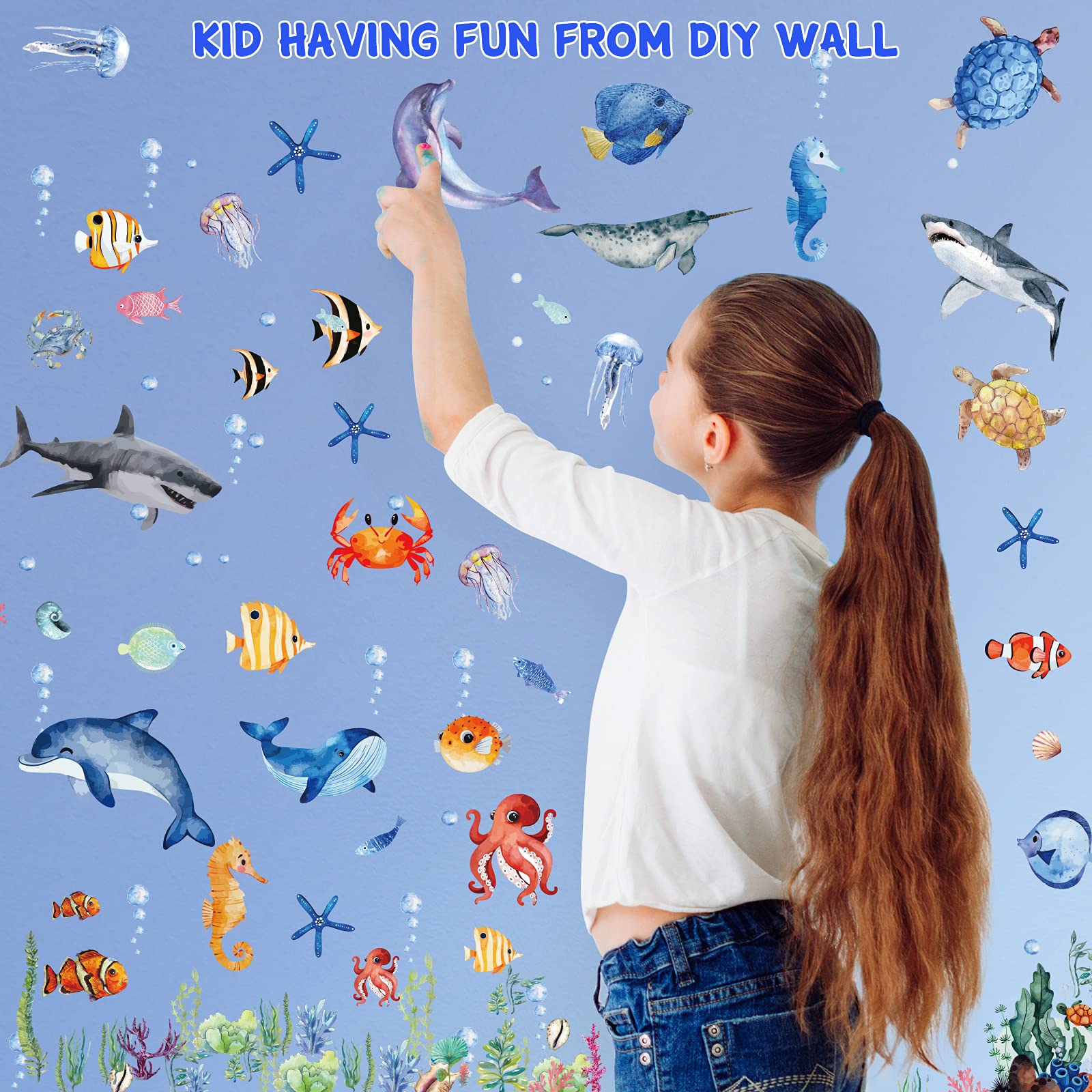 149 Pieces Ocean Animals Wall Decals Jellyfish Wall Stickers Removable Fish Under The Sea View Animals Peel and Sticks Wall Art Decor for Kids Baby Bedroom Living Room Nursery Classroom Decoration