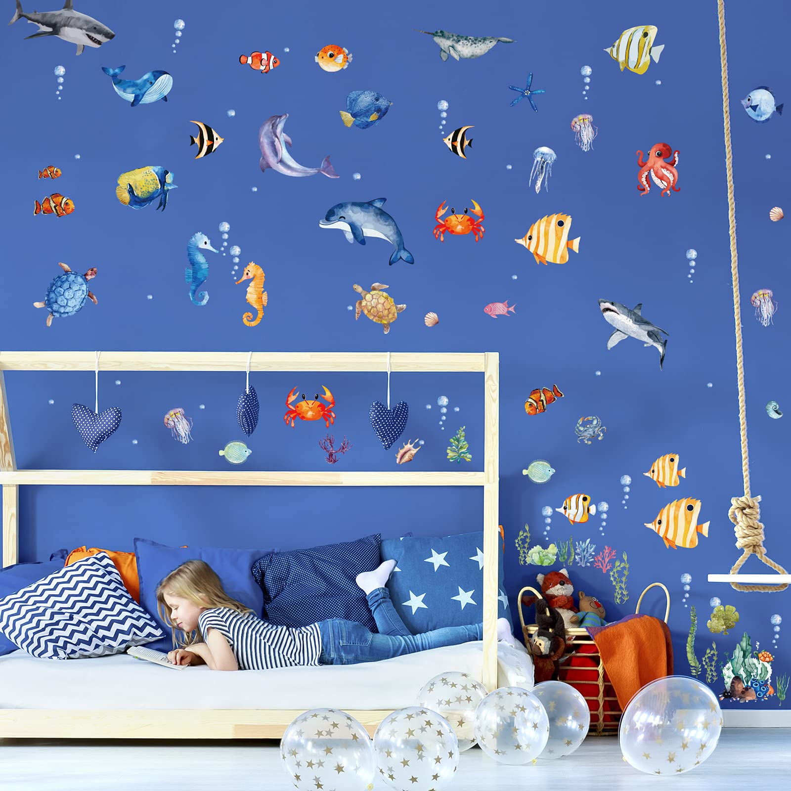 149 Pieces Ocean Animals Wall Decals Jellyfish Wall Stickers Removable Fish Under The Sea View Animals Peel and Sticks Wall Art Decor for Kids Baby Bedroom Living Room Nursery Classroom Decoration