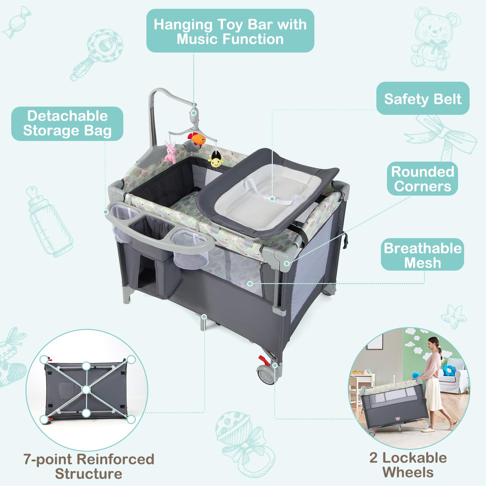HONEY JOY Pack and Play with Bassinet, 5-in-1 Baby Bedside Sleeper w/Diaper Changing Table & Storage Bag, Toy Arch & Music Box, Detachable Side Rail, Portable Baby Play Yard w/Carry Bag(Gray)