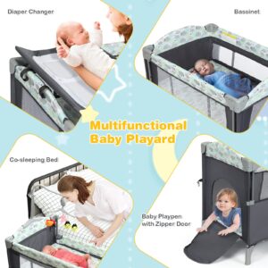 HONEY JOY Pack and Play with Bassinet, 5-in-1 Baby Bedside Sleeper w/Diaper Changing Table & Storage Bag, Toy Arch & Music Box, Detachable Side Rail, Portable Baby Play Yard w/Carry Bag(Gray)