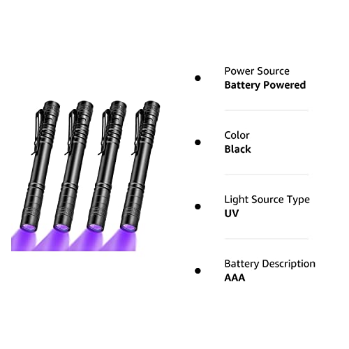 Honoson 4 Pieces UV Black Light Flashlight Small Blacklight Flashlights Pen Lights for Leak, Pet Urine, Hotel Inspection, Dry Stain and Dye Detector, 5.2 Inches Long