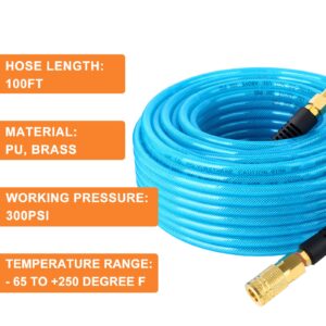 GASHER 1/4'' x 100FT Polyurethane Air Hose, Maximum Working Pressure 300PSI,Composed of Brass And Blue PU hose, Easy to Install