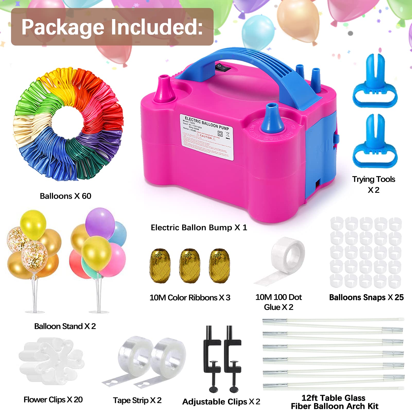 Balloon Pump,Electric Balloon Inflator 120 PCS Balloon Pump Electric 110V 600W Electric Balloon Air Pump with 12ft Balloon Arch Kit,2 Balloon Stands,60 PCS Balloons Birthday Party Decoration Wedding