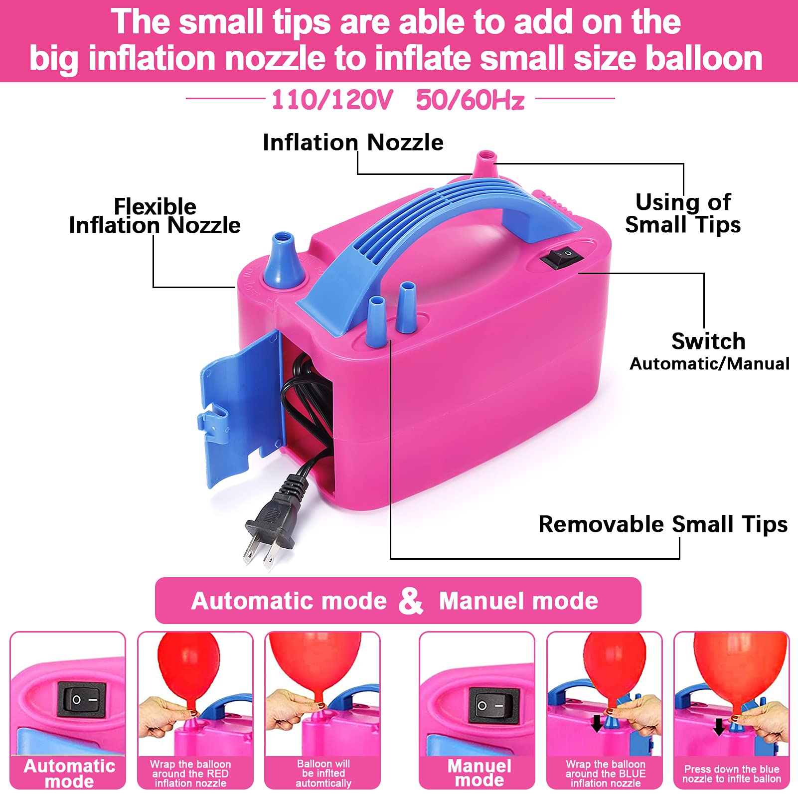 Balloon Pump,Electric Balloon Inflator 120 PCS Balloon Pump Electric 110V 600W Electric Balloon Air Pump with 12ft Balloon Arch Kit,2 Balloon Stands,60 PCS Balloons Birthday Party Decoration Wedding