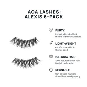 AOA Studio 6 Pairs Alexis Natural Handmade False Eyelashes with Glue and Tweezer Lash Kit Natural Volume Reusable Fake Eyelashes 100 Percent Handmade Cruelty Free