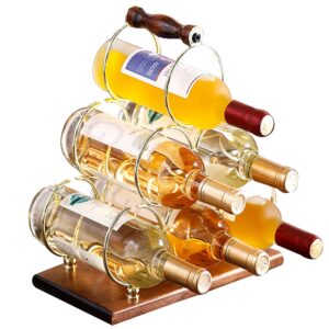 fadak countertop wine rack, tabletop 6 bottles wood wine holder, sturdy handle, 3-tier rustic classic design, simple assembly, wood & metal (gold)