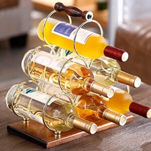 Fadak Countertop Wine Rack, Tabletop 6 Bottles Wood Wine Holder, Sturdy Handle, 3-Tier Rustic Classic Design, Simple Assembly, Wood & Metal (Gold)