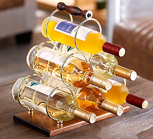 Fadak Countertop Wine Rack, Tabletop 6 Bottles Wood Wine Holder, Sturdy Handle, 3-Tier Rustic Classic Design, Simple Assembly, Wood & Metal (Gold)
