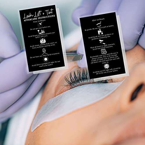 Boutique Marketing LLC Lash Lift + Tint Aftercare Instruction Cards | 50 Pack | 2x3.5” inches Business Card Size | Eyelash Lift and Tint Kit at Home DIY | Black Card Design White, Black