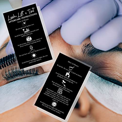 Boutique Marketing LLC Lash Lift + Tint Aftercare Instruction Cards | 50 Pack | 2x3.5” inches Business Card Size | Eyelash Lift and Tint Kit at Home DIY | Black Card Design White, Black