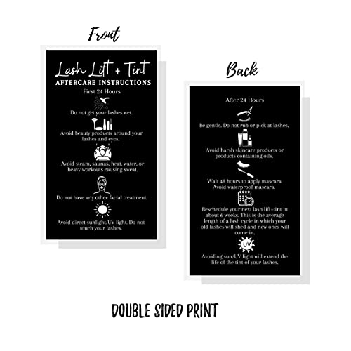 Boutique Marketing LLC Lash Lift + Tint Aftercare Instruction Cards | 50 Pack | 2x3.5” inches Business Card Size | Eyelash Lift and Tint Kit at Home DIY | Black Card Design White, Black