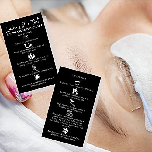 Boutique Marketing LLC Lash Lift + Tint Aftercare Instruction Cards | 50 Pack | 2x3.5” inches Business Card Size | Eyelash Lift and Tint Kit at Home DIY | Black Card Design White, Black